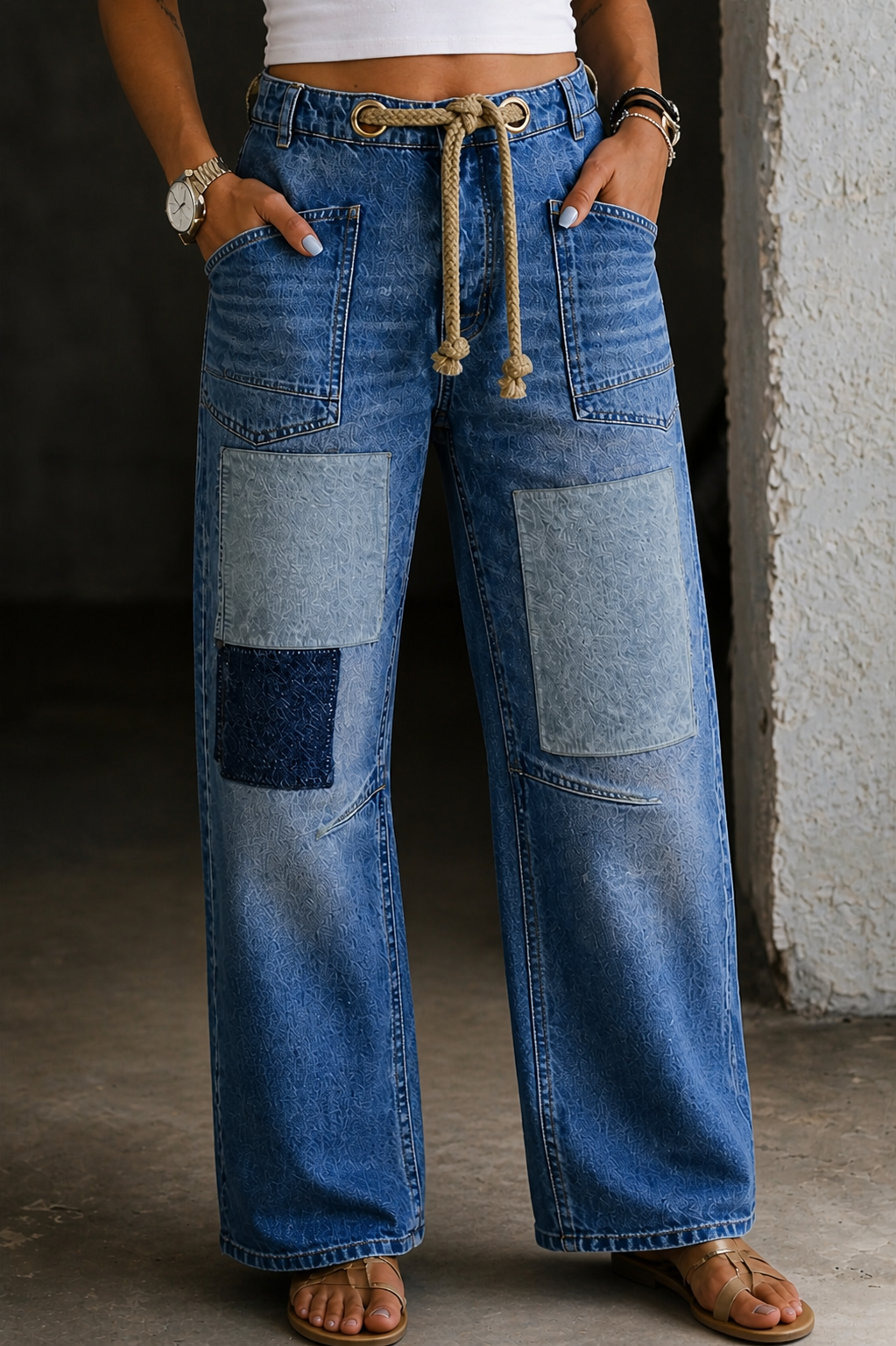 Patchwork Drawstring Jeans