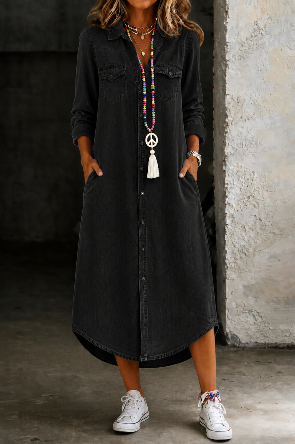 Casual Elegant Long Denim Shirt Dress