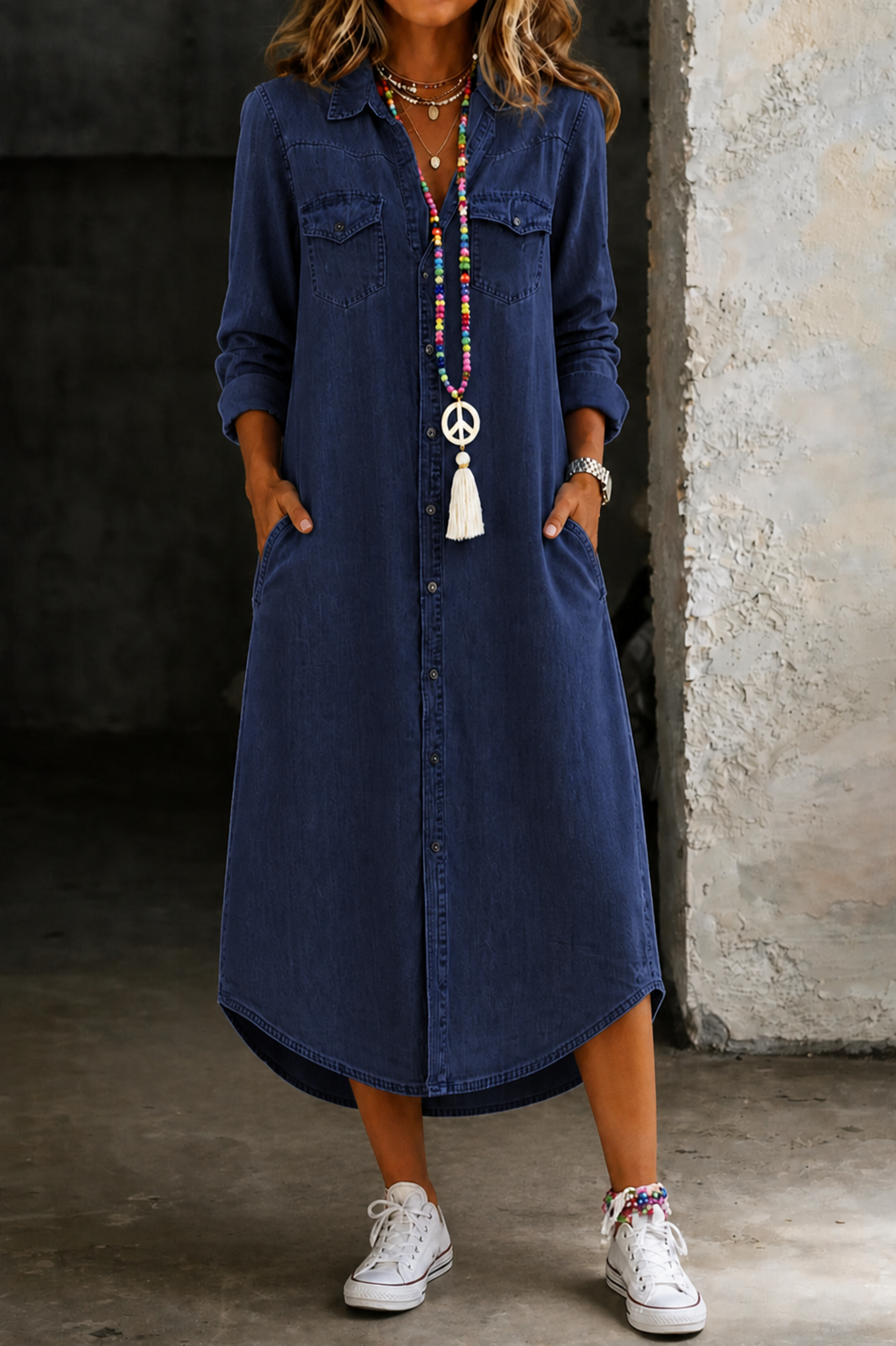 Casual Elegant Long Denim Shirt Dress