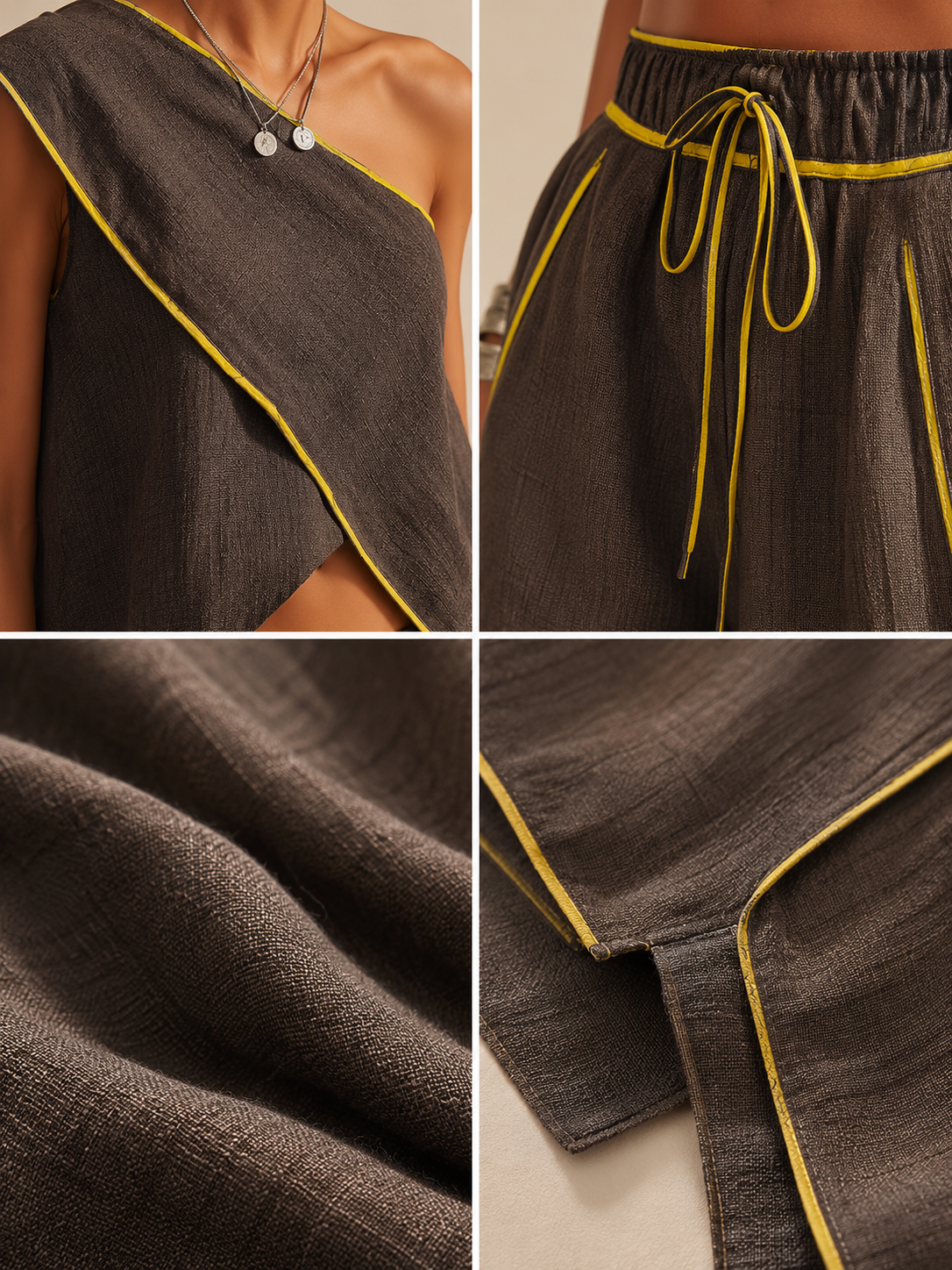 One-Shoulder Linen Blend Two-Piece Set