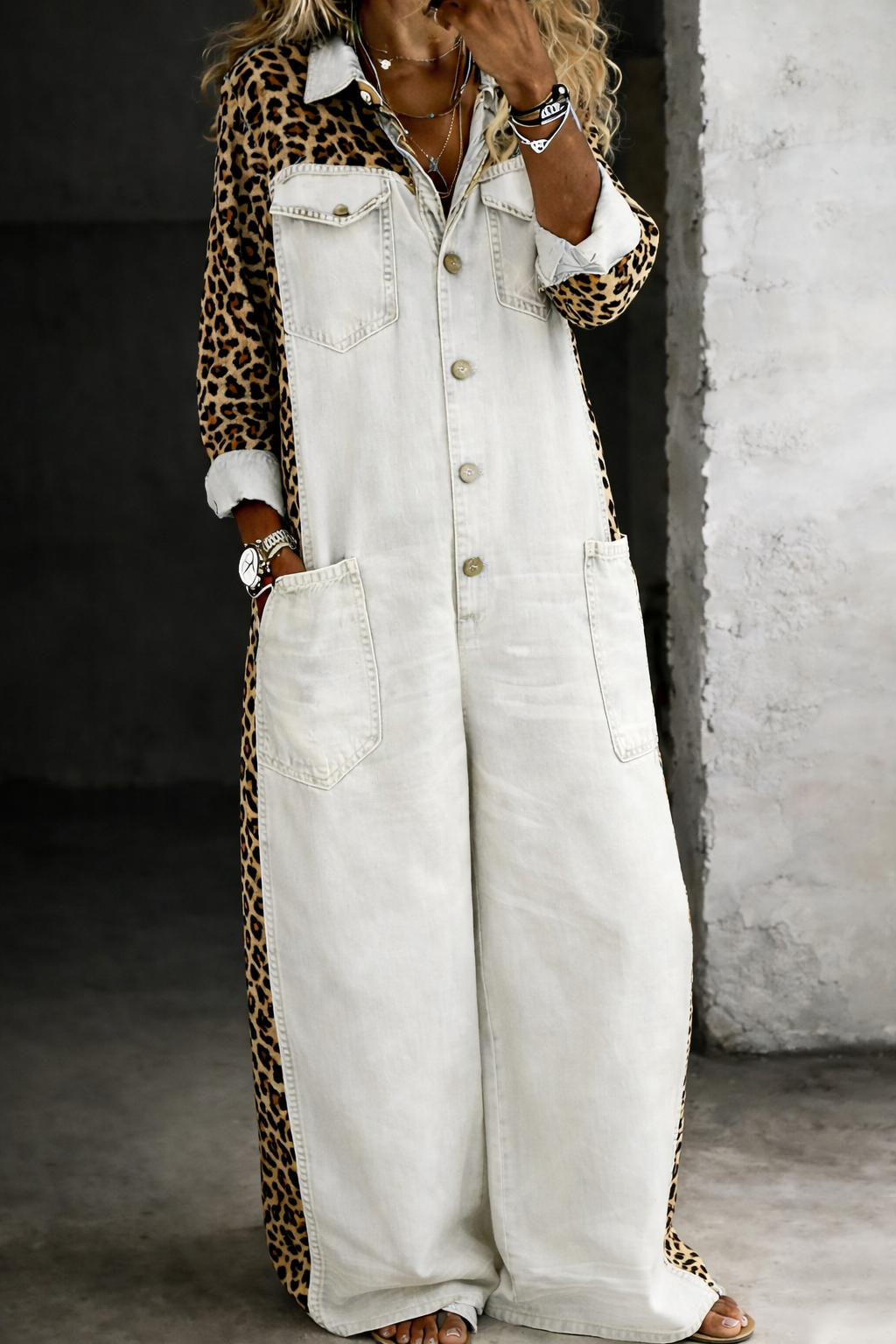 Leopard Contrast Wide-Leg Denim Jumpsuit
