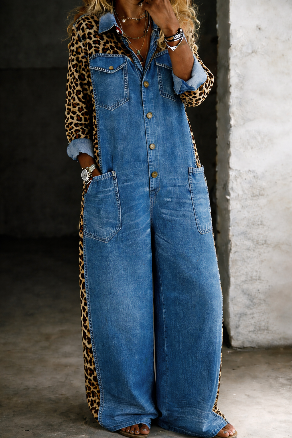Leopard Contrast Wide-Leg Denim Jumpsuit