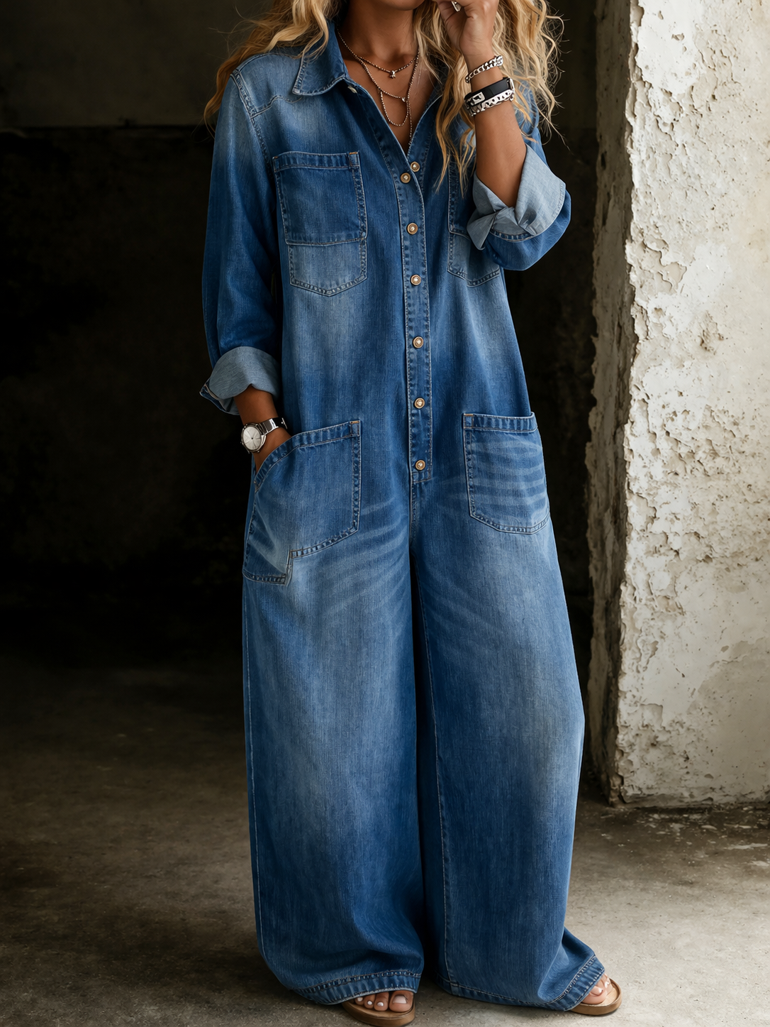 Relaxed Wide-Leg Utility Denim Jumpsuit