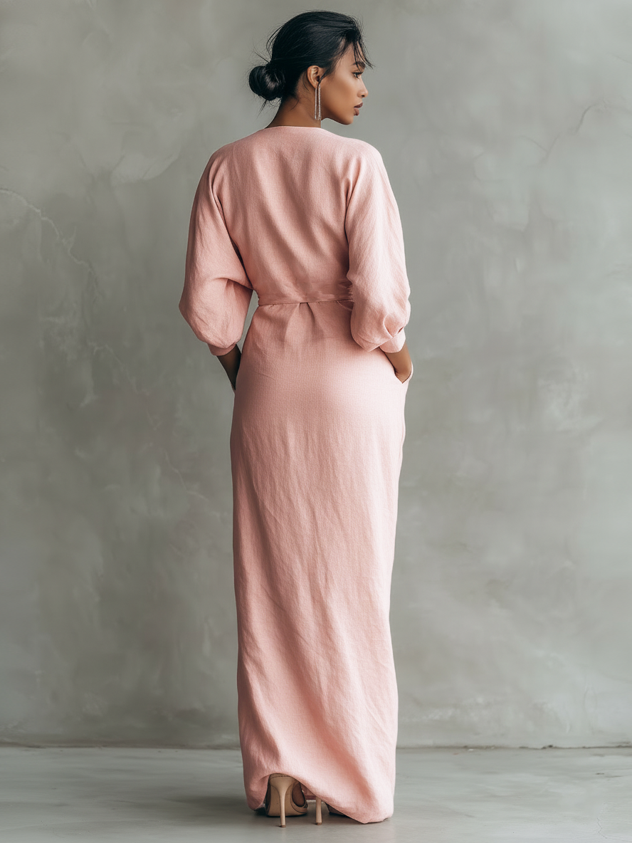 Naomi | Minimalist pink maxi dress with a V-neck in a linen blend