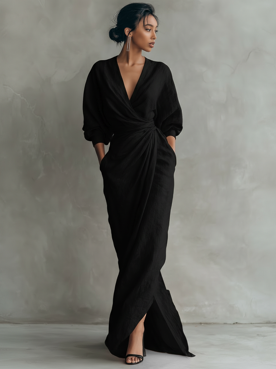 Naomi | Minimalist pink maxi dress with a V-neck in a linen blend