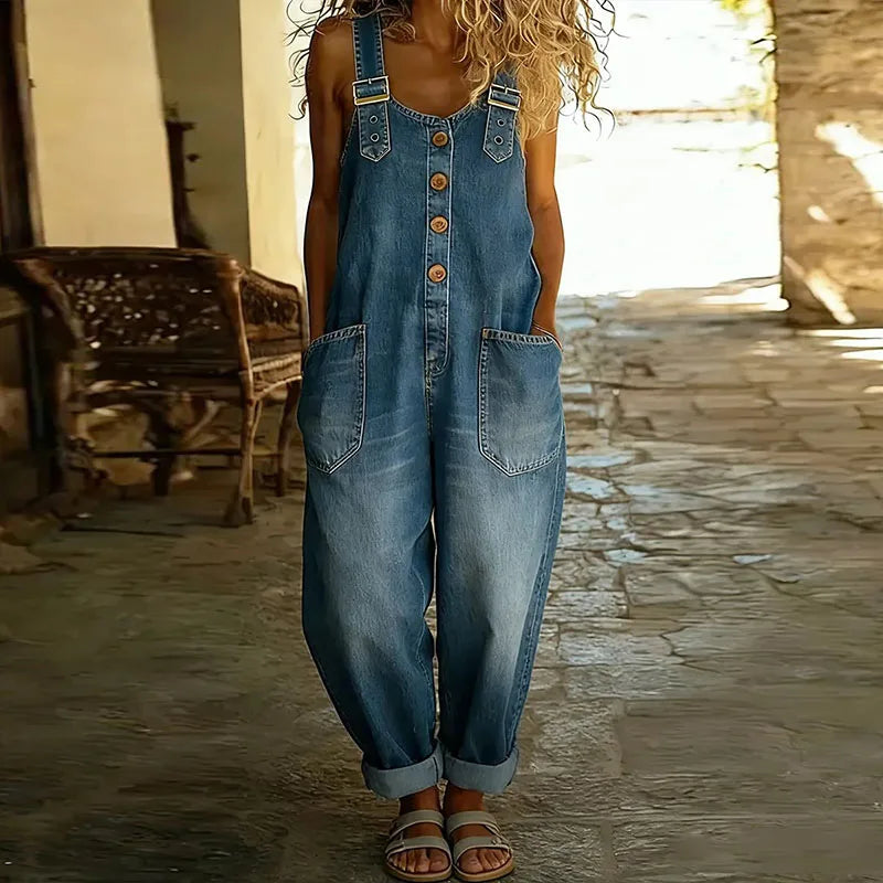 Everly - Relaxed Button Front Denim Overalls
