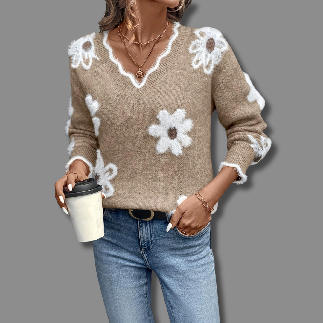 V-Neck Floral Intarsia Sweater