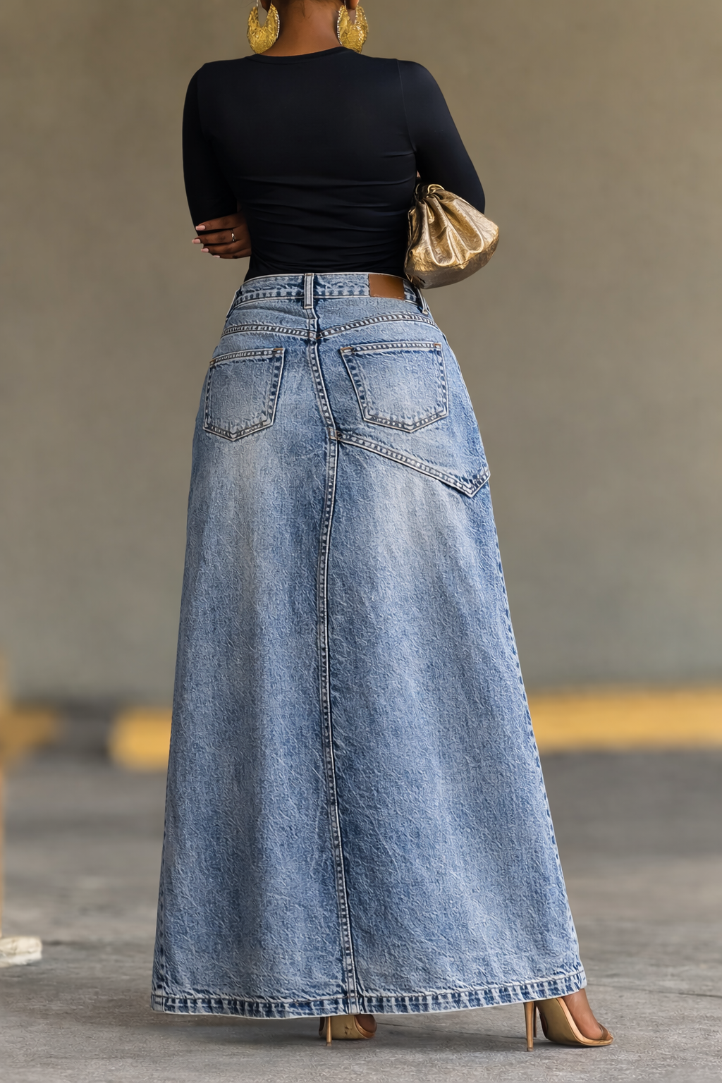 Two-Piece Slit Long Denim Skirt Set