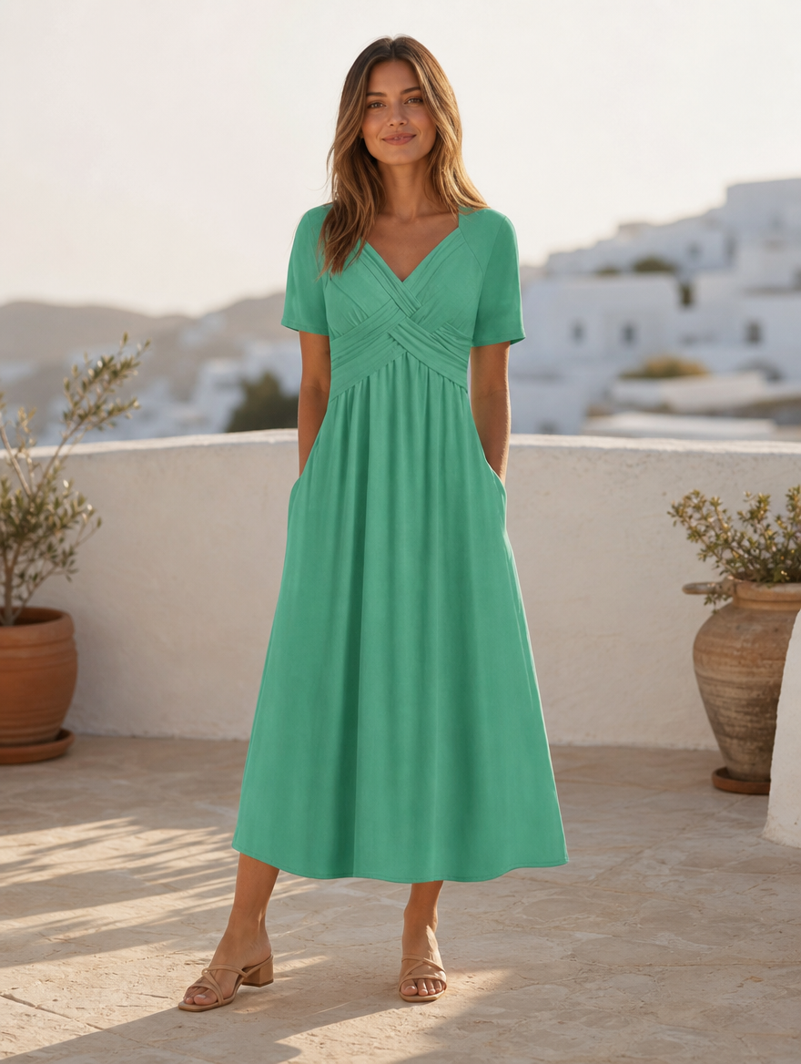 Amanda flattering dress in green, full-length view