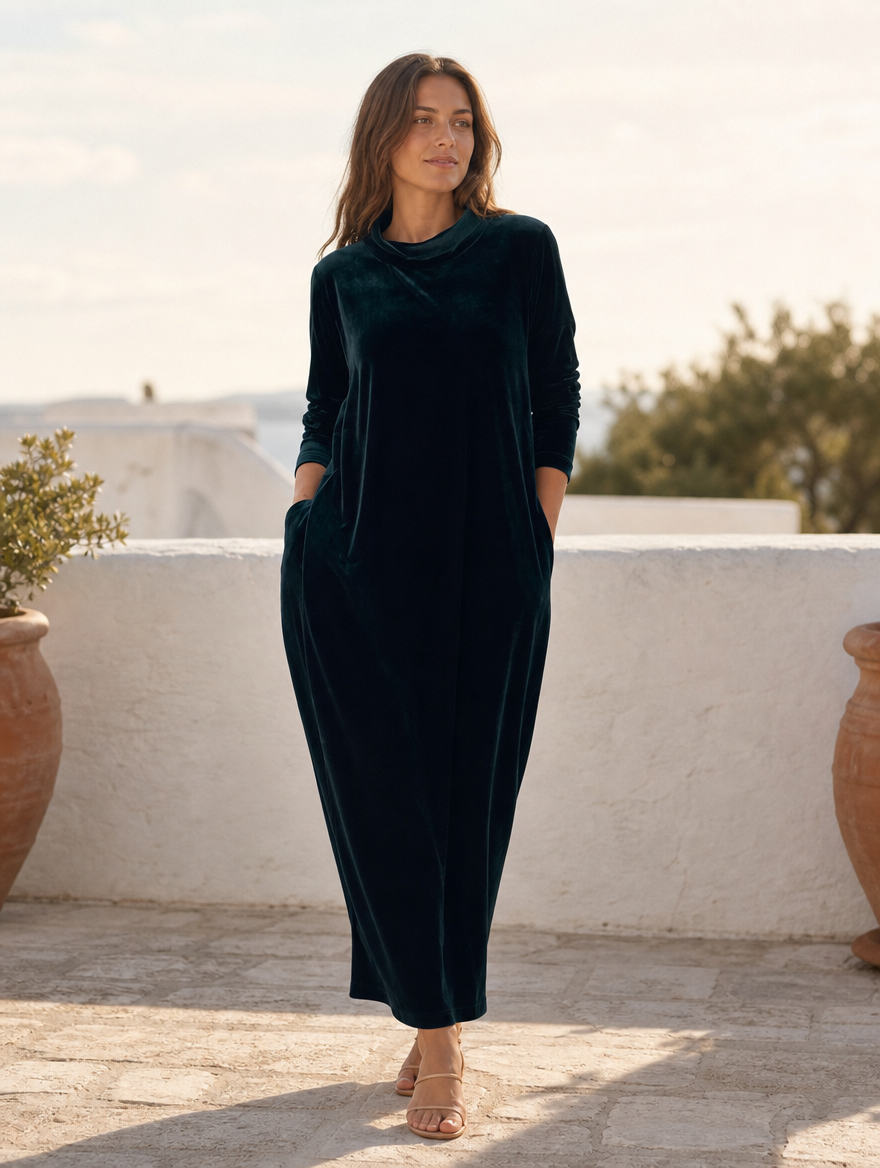 Madison elegant dress in green, full-length view