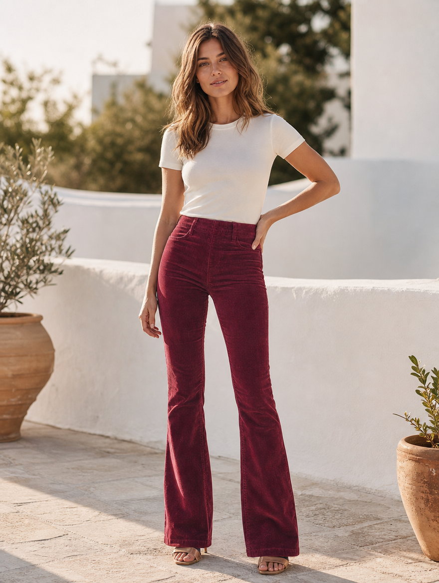 Flared corduroy pants, full-length view