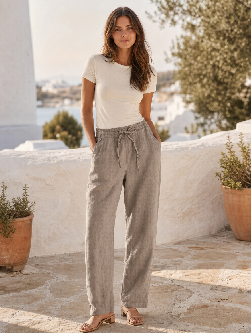 Women's cotton-linen pants, full-length view