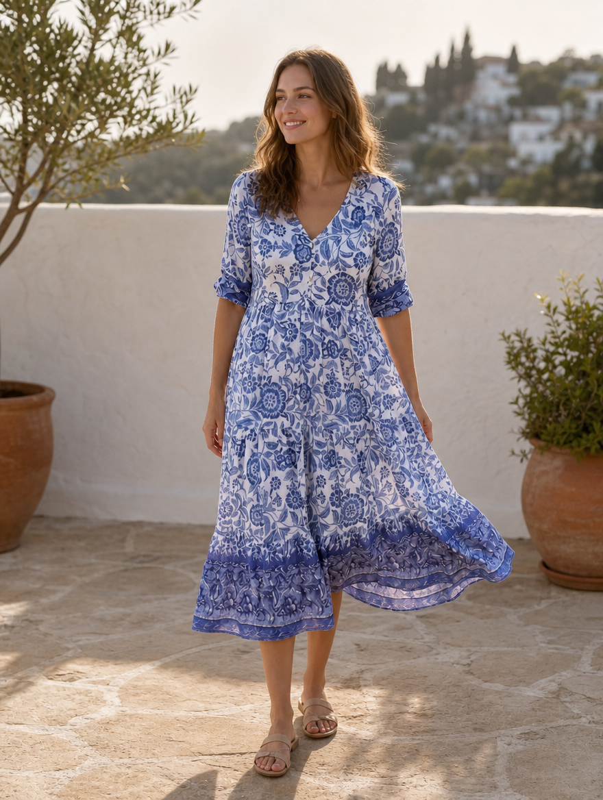 Nalani porcelain print midi dress, full-length view