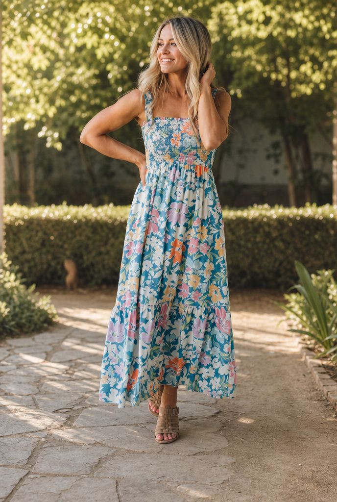 Smocked floral maxi dress worn in a sunlit garden