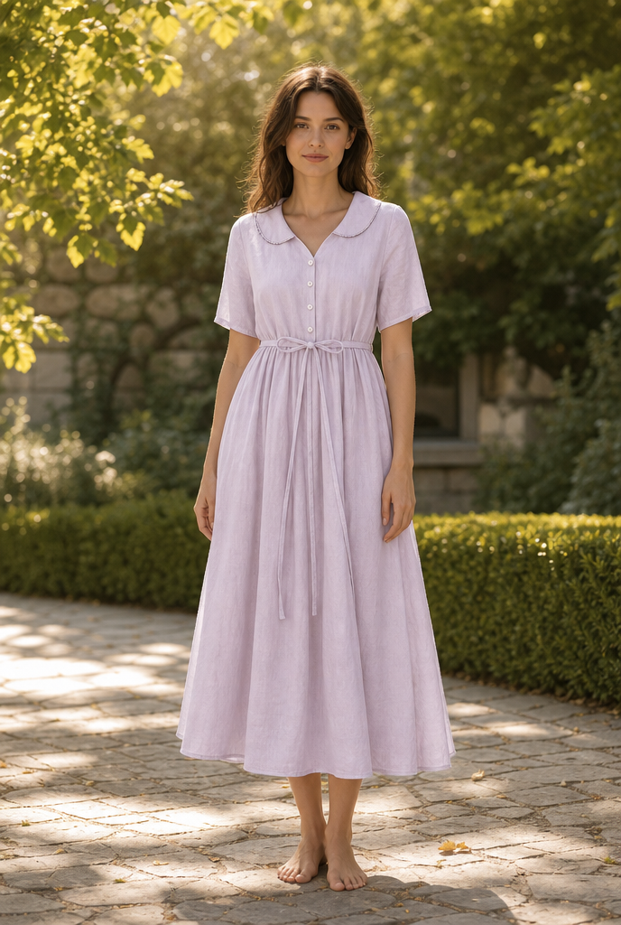 Cotton linen midi dress worn in a sunlit garden