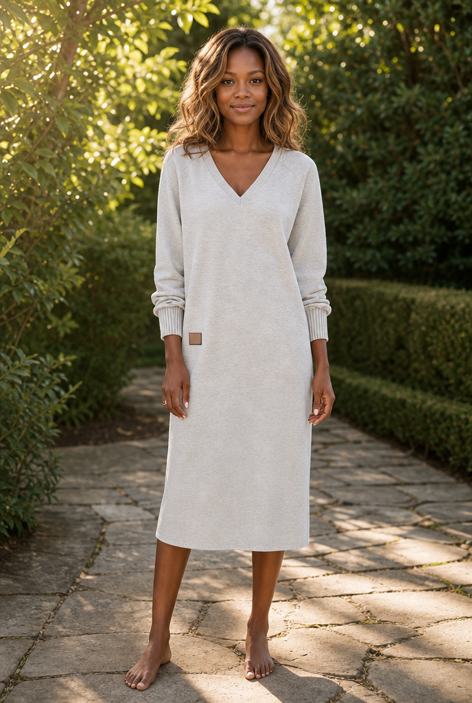 Cosy everyday dress worn in a sunlit garden