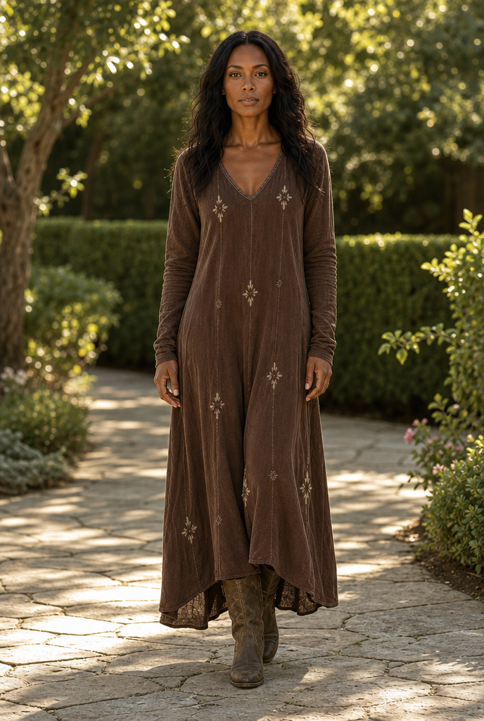 Vintage long sleeve dress worn in a sunlit garden