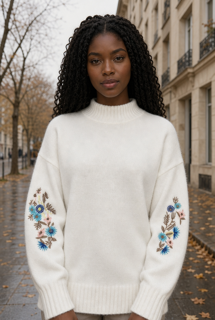Woman in an embroidered knit sweater on an autumn street