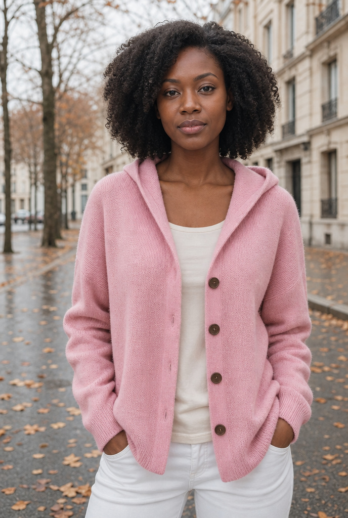 Woman in a soft knit cardigan on an autumn street