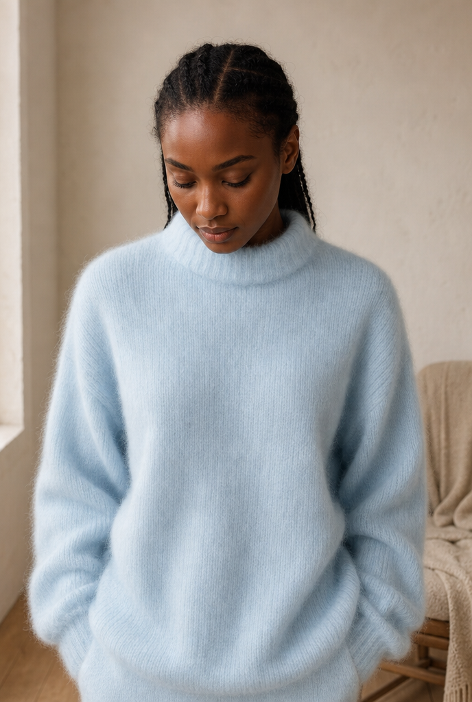 Woman in an angora blend knit sweater in a warm interior