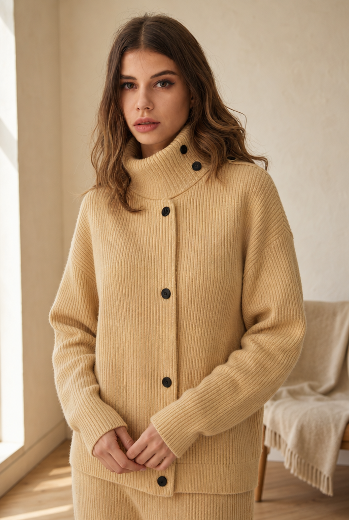 Woman in an asymmetric button knit cardigan in a warm interior