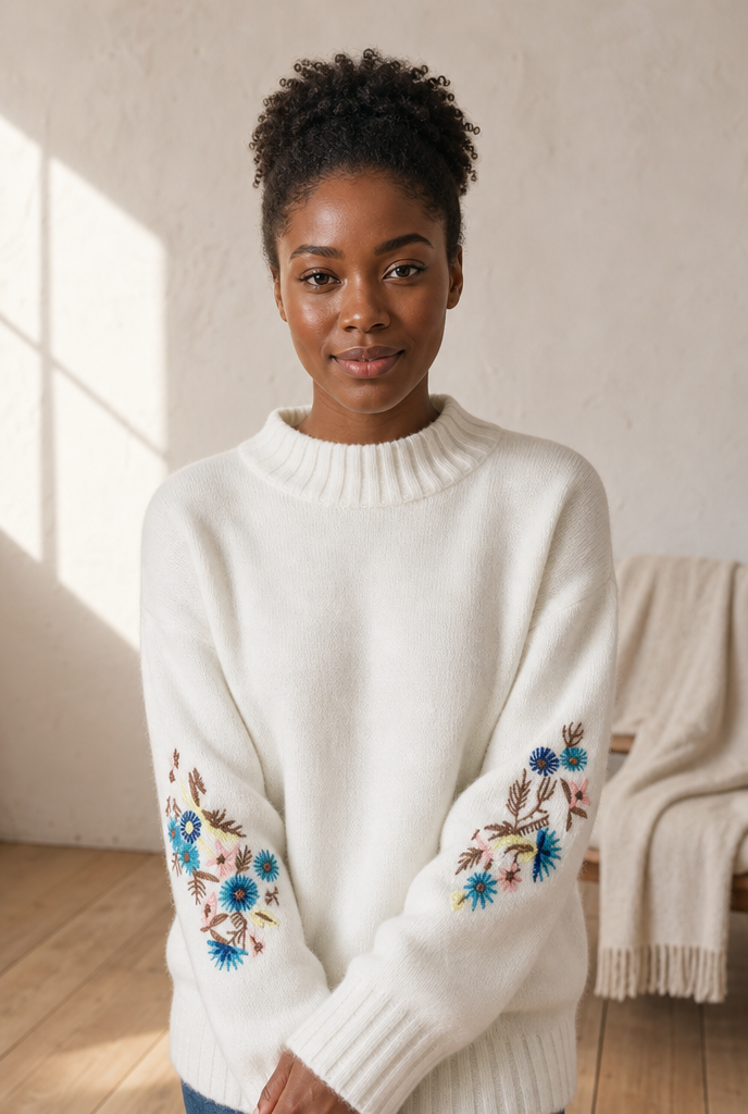 Woman in an embroidered knit sweater in a warm interior