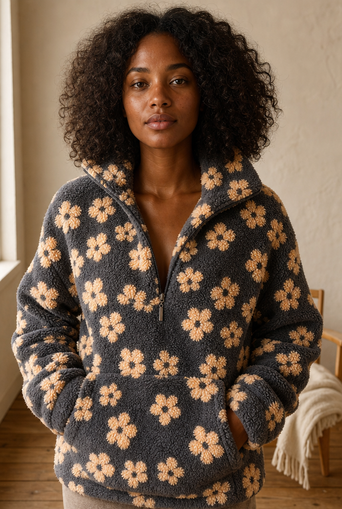 Woman in a brushed winter sweater in a warm interior