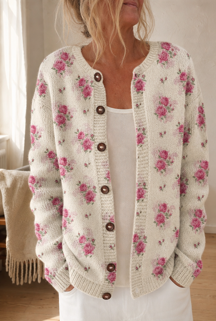 Woman in a watercolour rose print cardigan in a warm interior