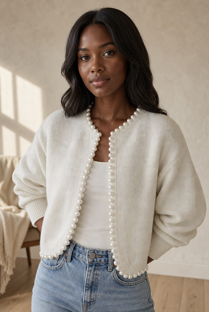 Woman in a pearl trim cropped sweater in a warm interior