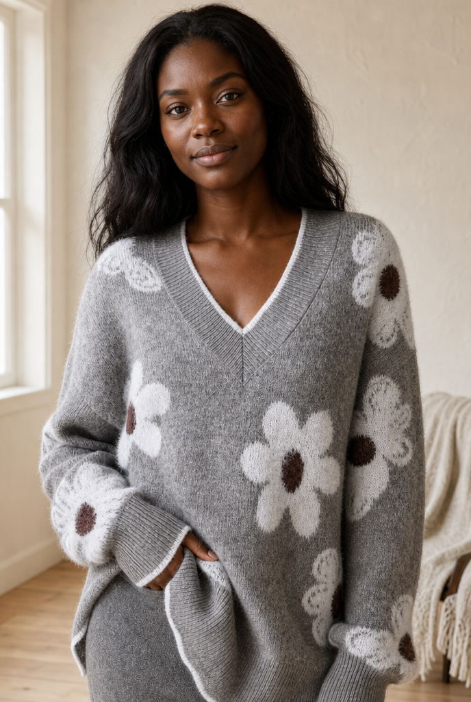 Woman in a V-neck floral intarsia sweater in a warm interior