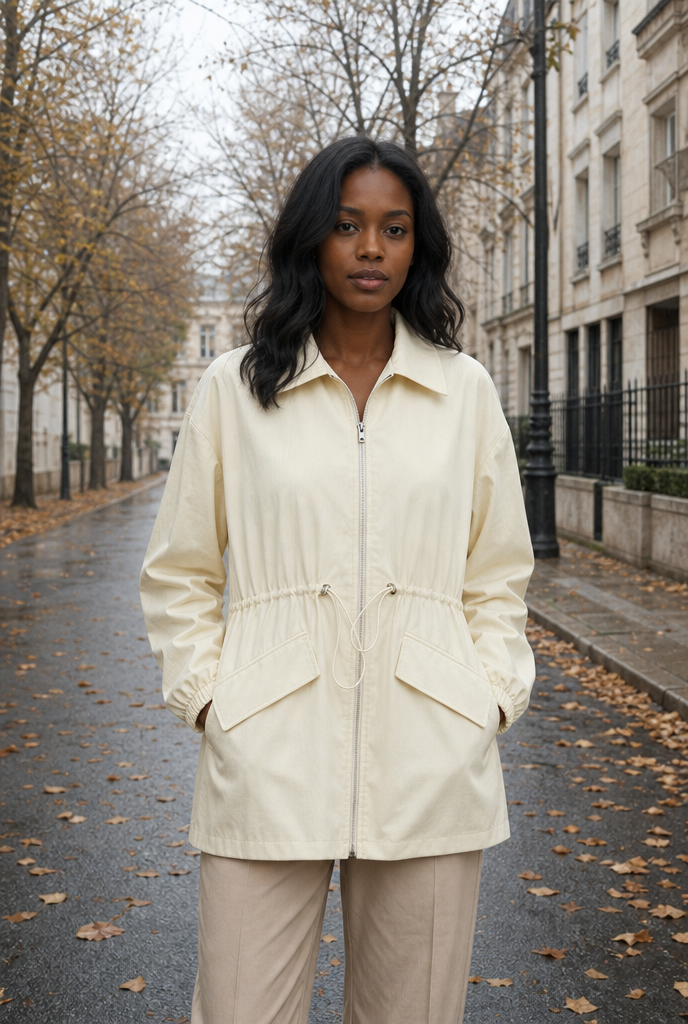 Woman in an adjustable waist zip jacket on an autumn street