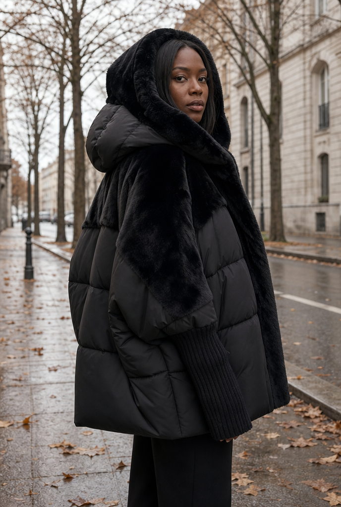 Woman in a faux fur hood oversized puffer jacket on an autumn street