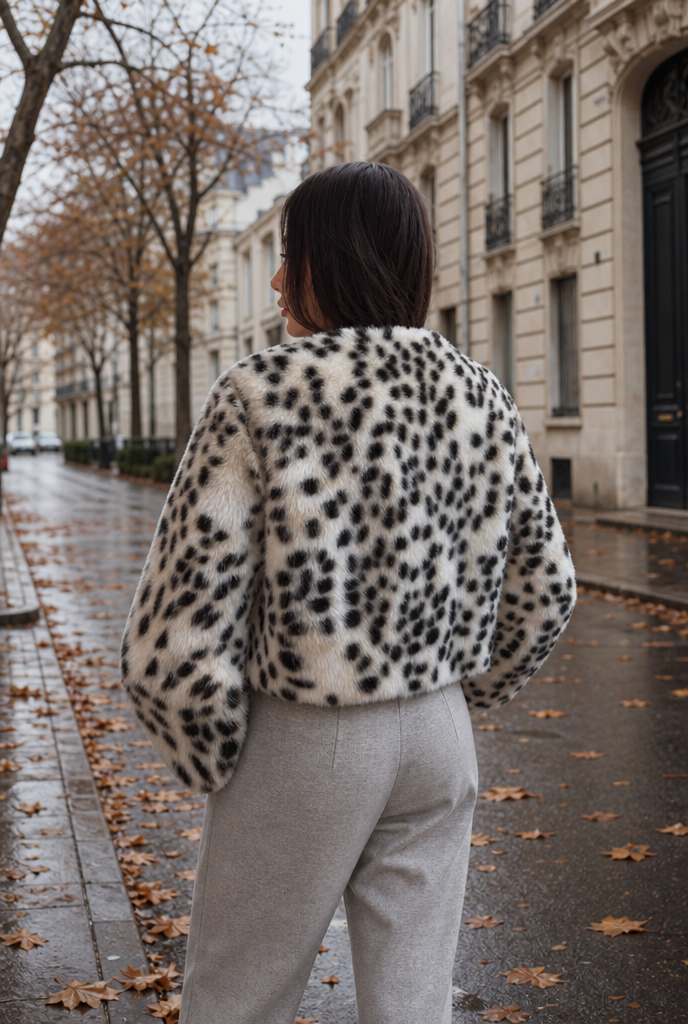 Woman in a leopard print winter jacket on an autumn street