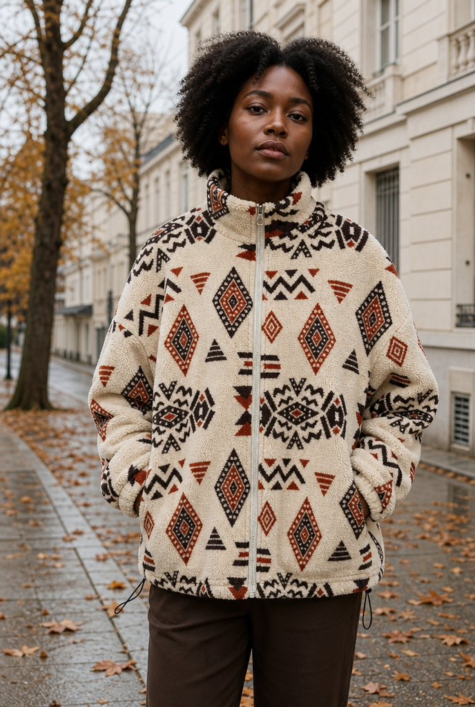 Woman in an aztec print fleece jacket on an autumn street