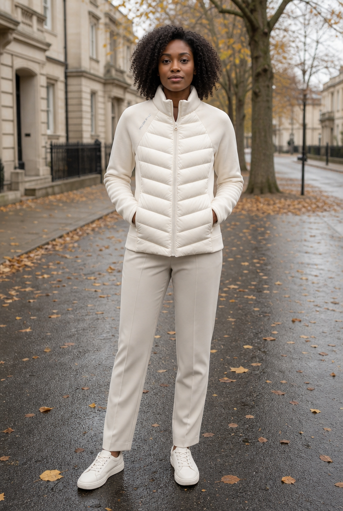 Woman in a slim down coat on an autumn street