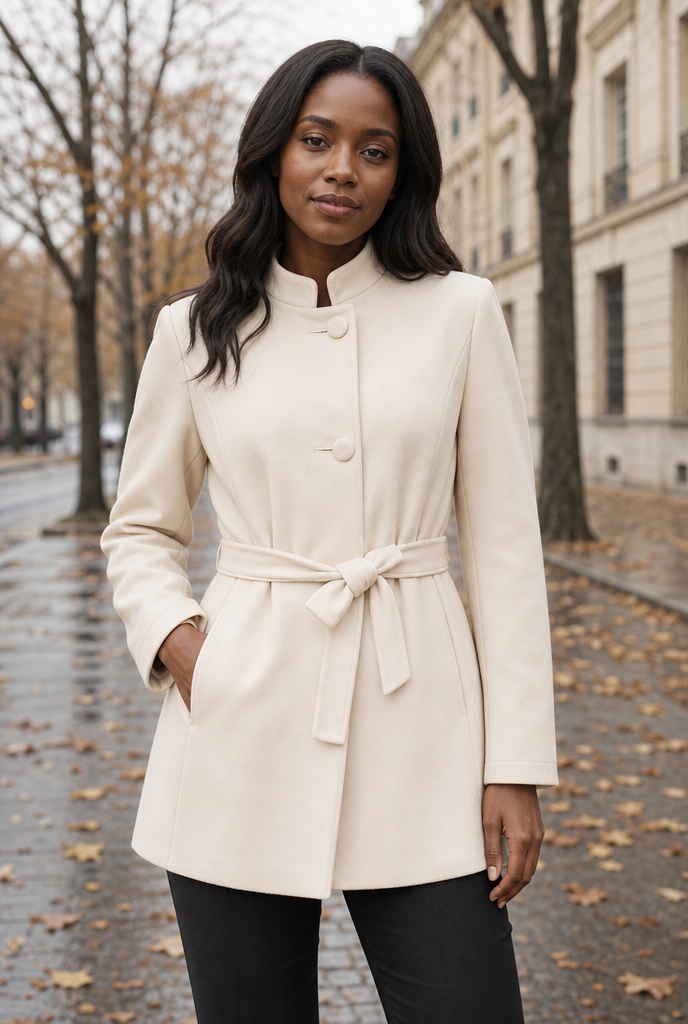 Woman in a belted jacket on an autumn street