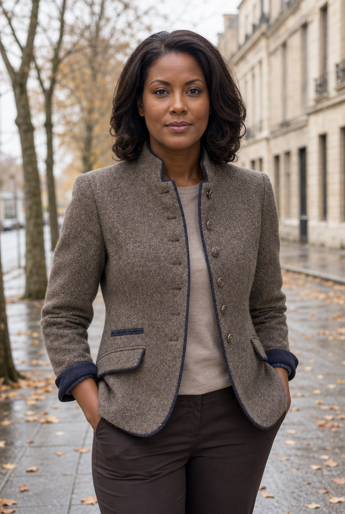 Woman in a wool blend blazer on an autumn street