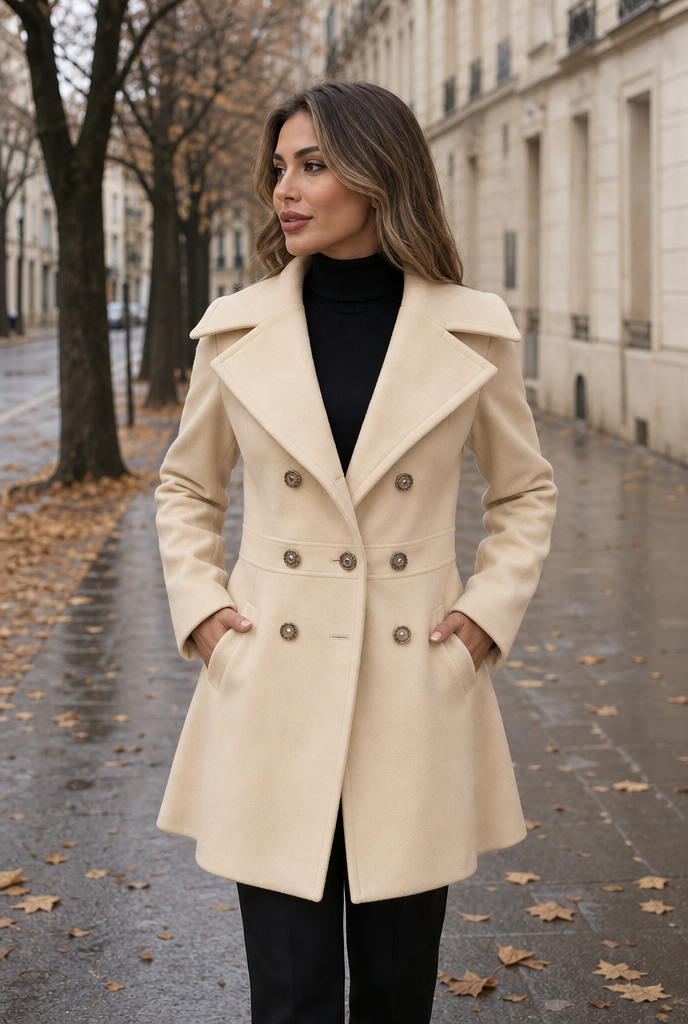 Woman in an elegant outerwear jacket on an autumn street