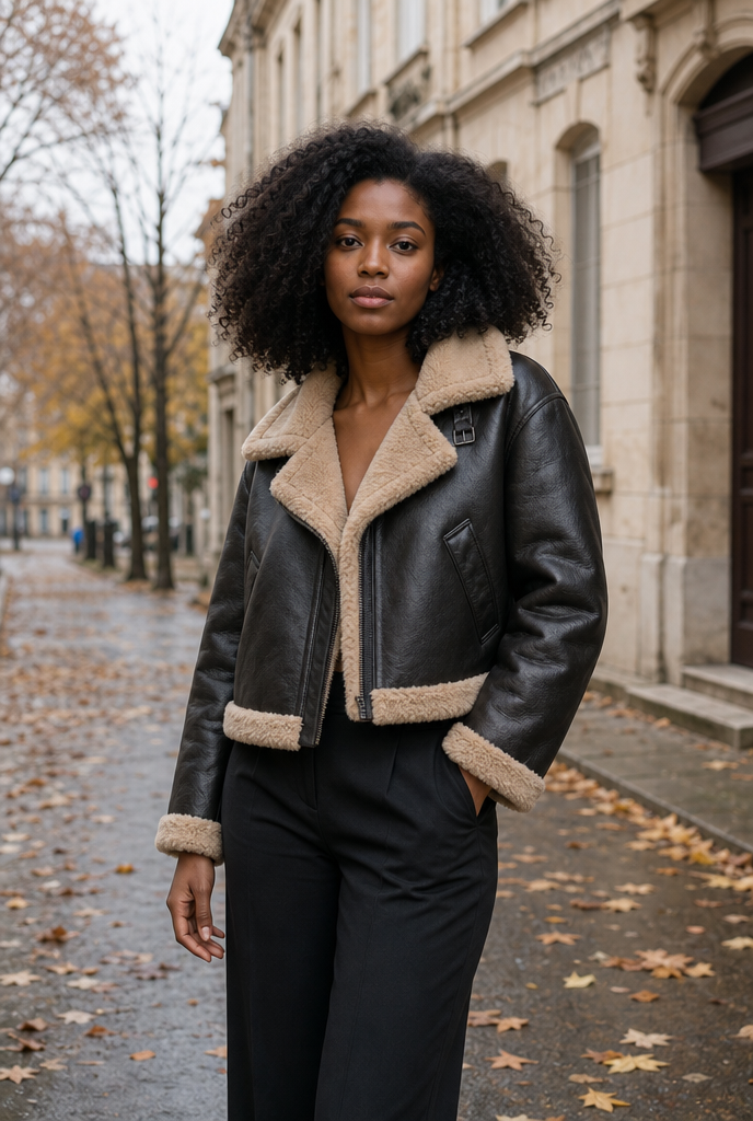 Woman in a double-sided cropped wool jacket on an autumn street