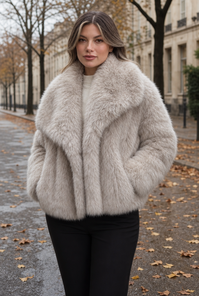Woman in a faux fur collar cropped jacket on an autumn street