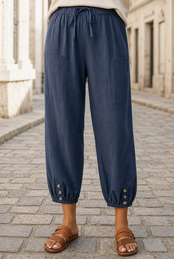 Cotton linen summer pants on a quiet European street