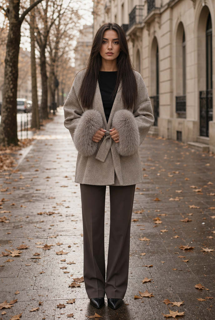 Woman in a taupe faux fur collar wool coat on an autumn street