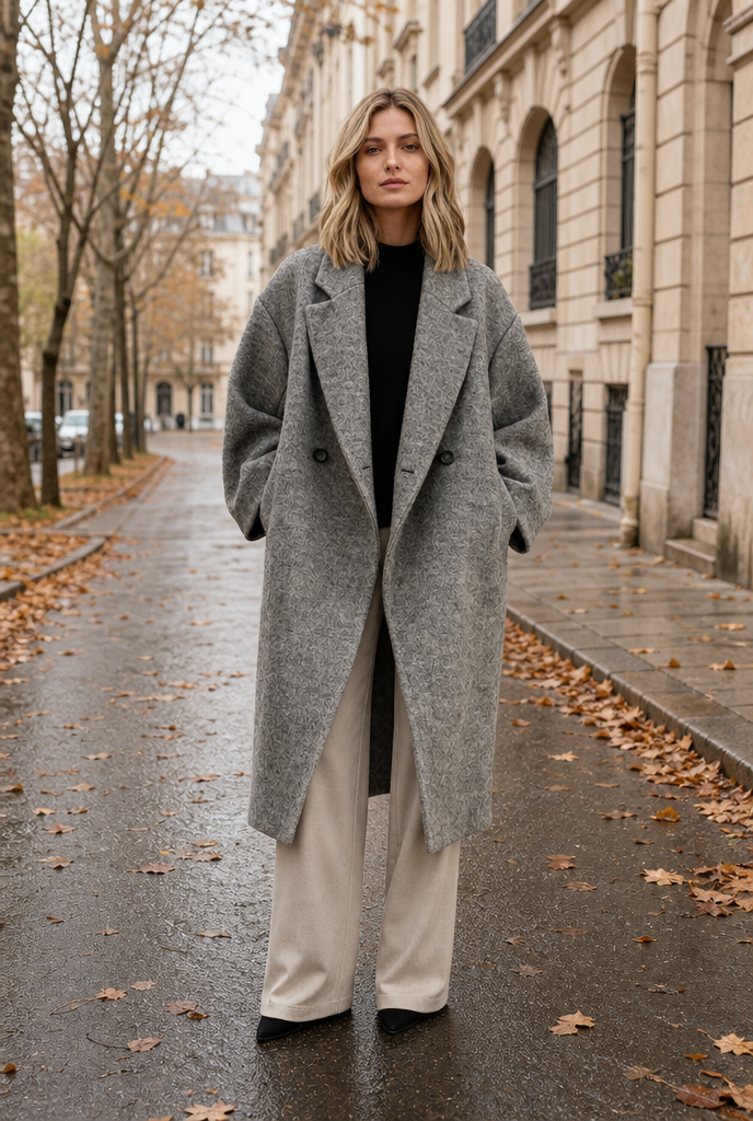 Woman in a grey longline winter overcoat on an autumn street