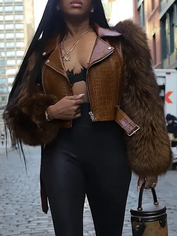 Croc-Texture Sleeve Faux Fur Jacket