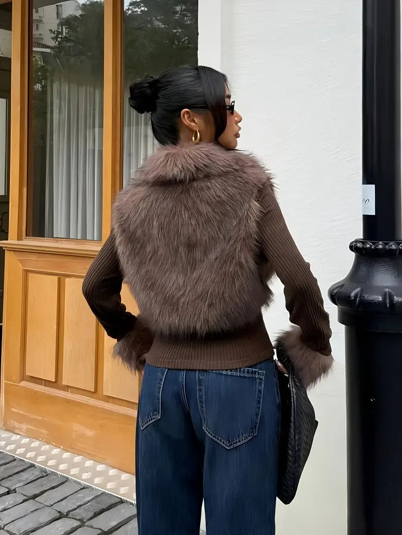 Patchwork Knit and Faux Fur Jacket