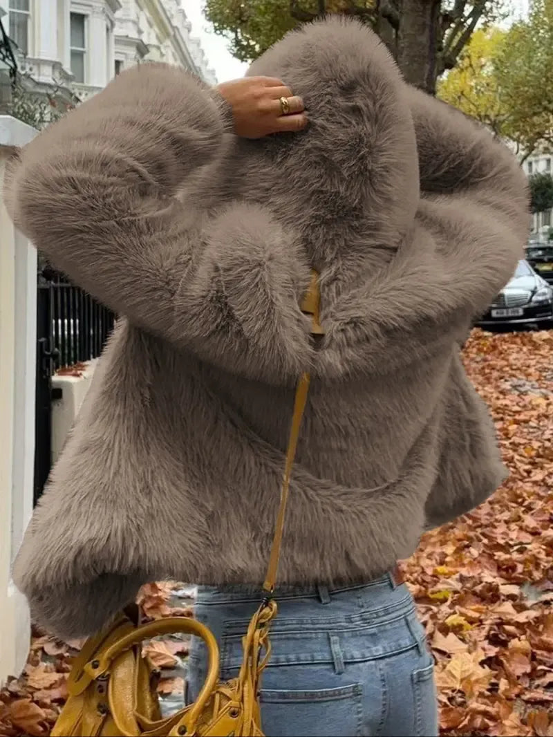 Short Hooded Faux Fur Jacket