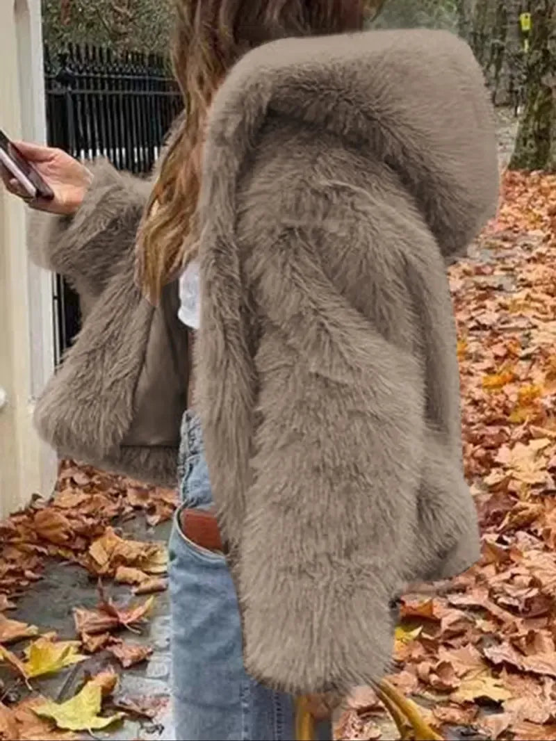 Short Hooded Faux Fur Jacket