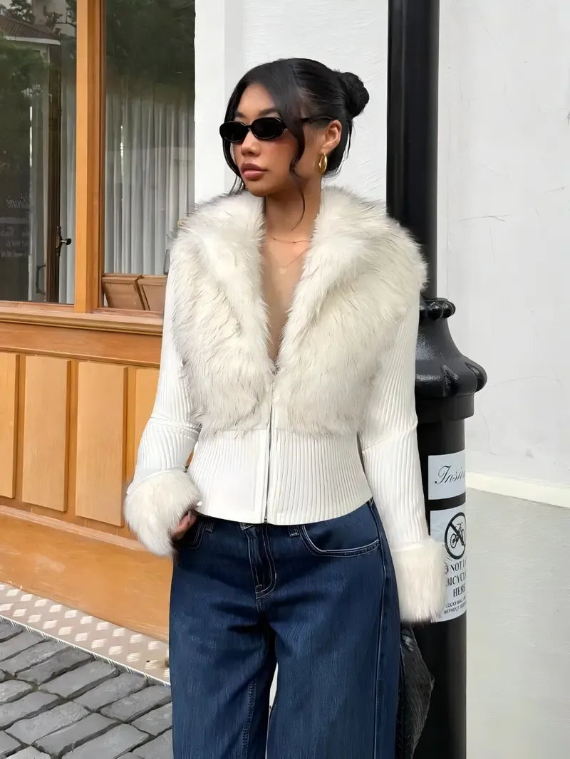 Patchwork Knit and Faux Fur Jacket