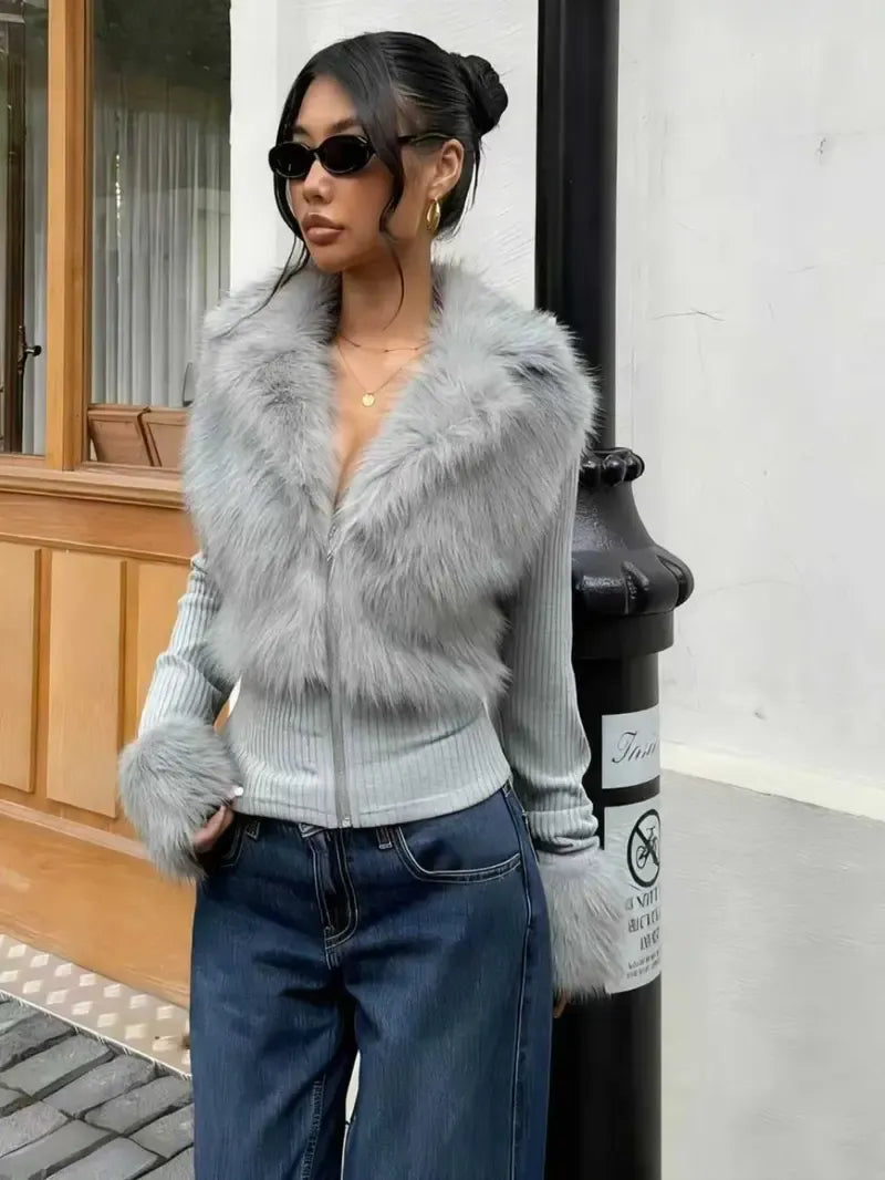 Patchwork Knit and Faux Fur Jacket