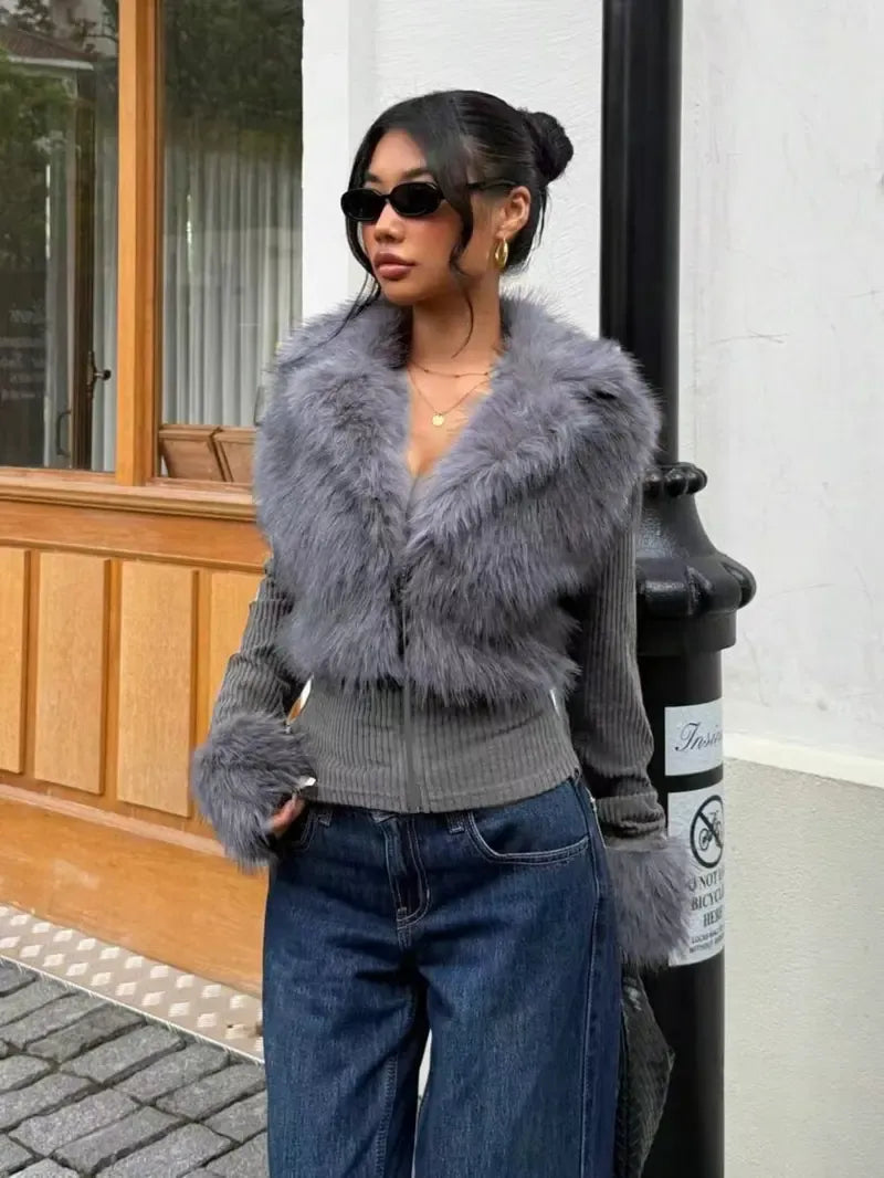 Patchwork Knit and Faux Fur Jacket